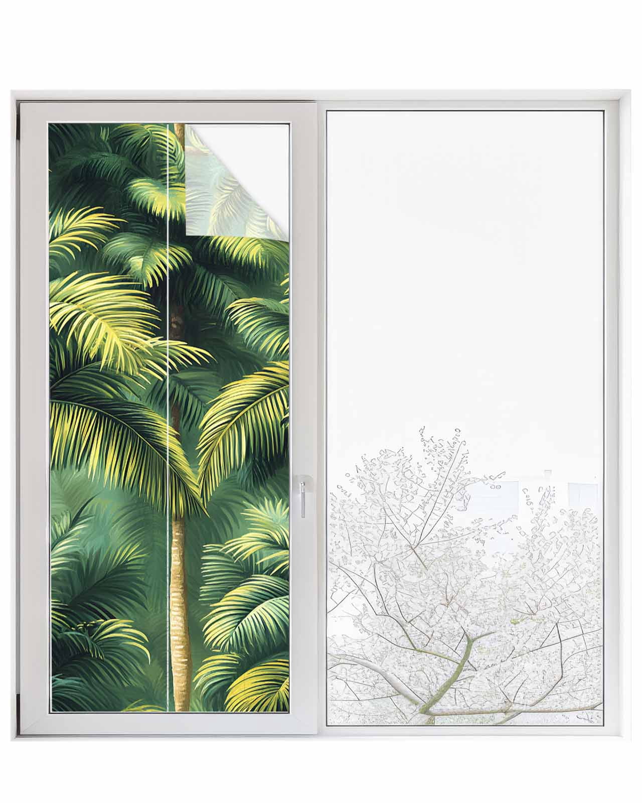 Window Privacy Film Summer Palm Tree Stained Glass Window Film Decorative Sun Block Window Cover Nature Green Tropical Plant Leaves Window Clings Static Adhesive Sticker for Bathroom 23.6"x59"