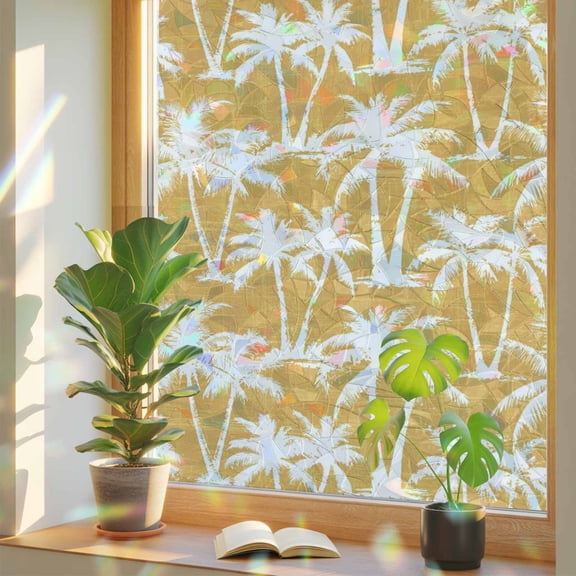 Window Privacy Film Summer Palm Tree Stained Glass Window Film Yellow Tropical Leaves Plant Rainbow Static Window Clings for Glass Windows Home Bathroom Living Room Office Door Sticker 17.7"39.3"