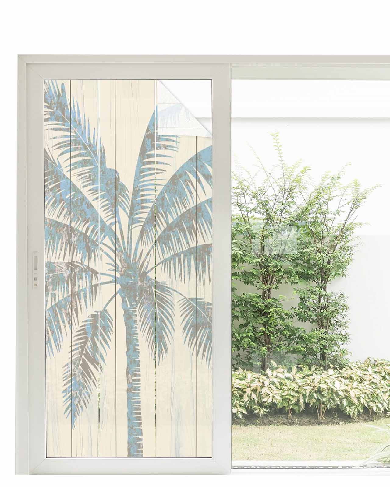 Window Privacy Film Summer Palm Trees Stained Glass Window Film Decorative Sun Block Window Cover Tropical Plants Vintage Wood Grain Window Clings Static Adhesive Sticker for Bathroom 35.4"x78.7"