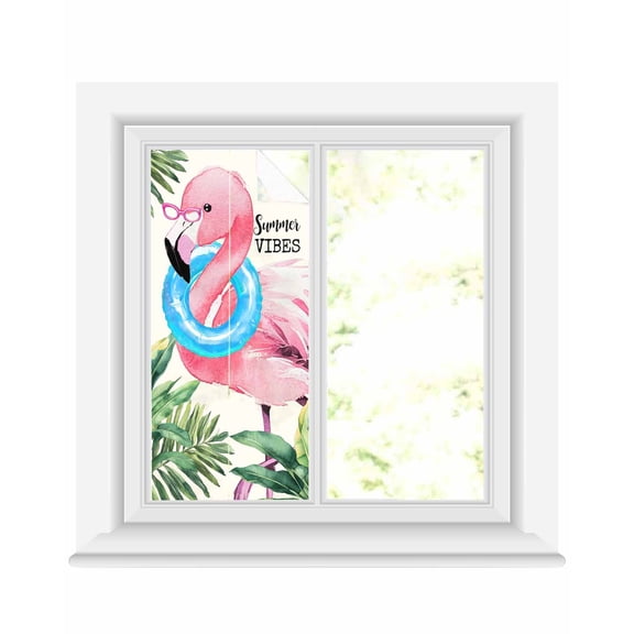 Window Privacy Film Summer Pink Flamingo Stained Glass Window Film Decorative Sun Block Window Cover Beach Tropical Palm Leaves Window Clings Static Adhesive Sticker for Bathroom 17.7"x39.3"