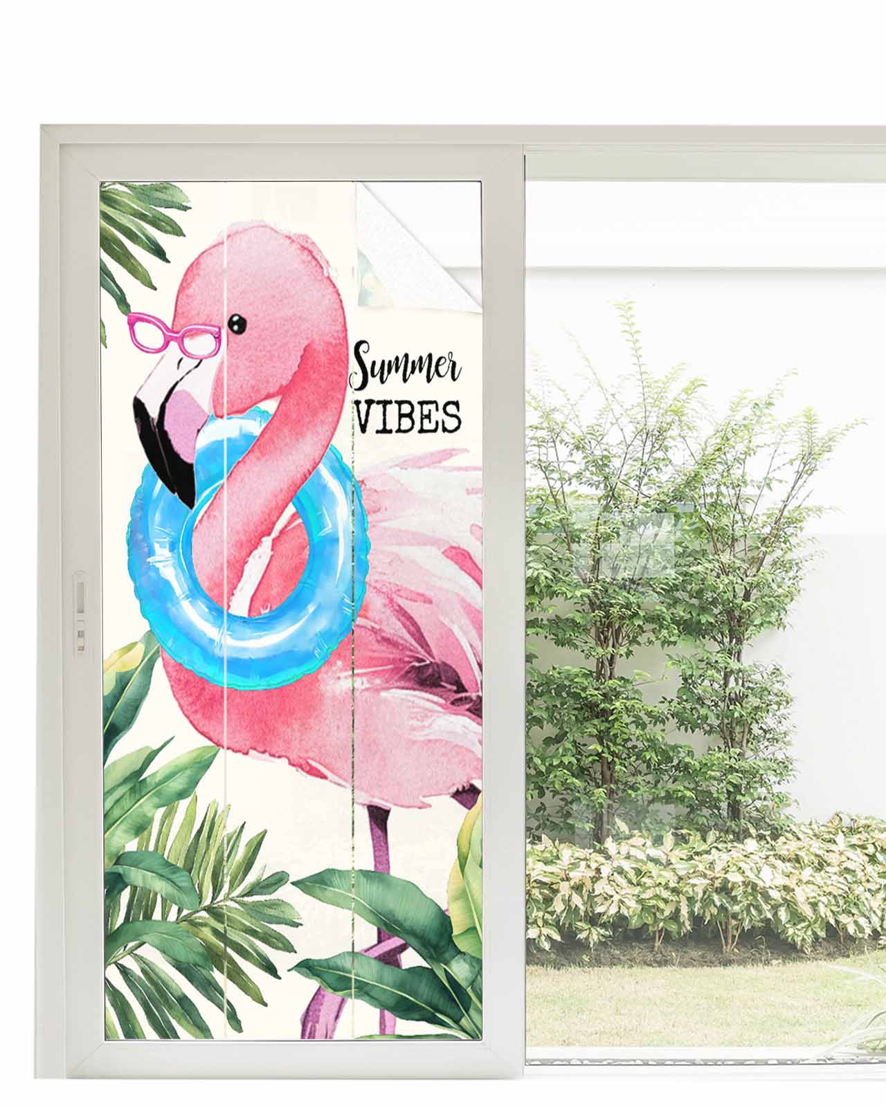 Window Privacy Film Summer Pink Flamingo Stained Glass Window Film Decorative Sun Block Window Cover Beach Tropical Palm Leaves Window Clings Static Adhesive Sticker for Bathroom 35.4"x78.7"
