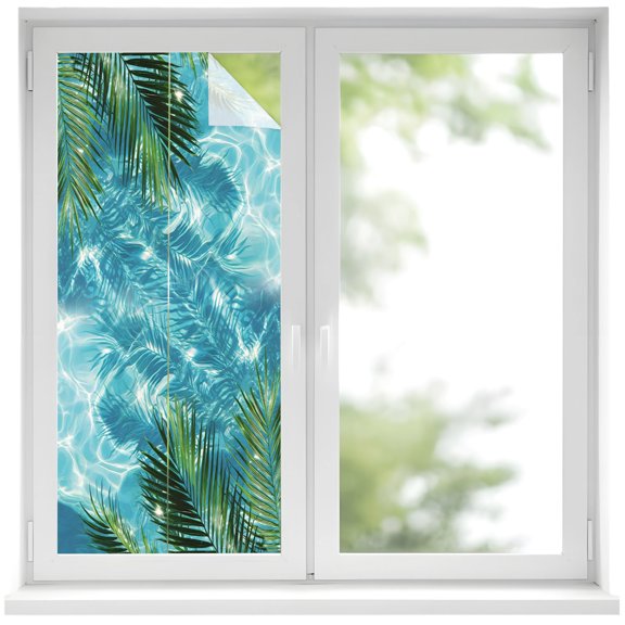 Window Privacy Film Summer Pool Stained Glass Window Film Decorative Sun Block Window Cover Tropical Palm Leaves Sunlight Ripple Window Clings Static Adhesive Sticker for Bathroom 19.6"x39.3"