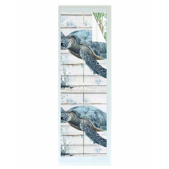 Window Privacy Film Summer Sea Turtle Stained Glass Window Film Decorative Sun Block Window Cover Coastal Ocean Vintage Wood Board Window Clings Static Adhesive Sticker for Bathroom 29.5"x118"