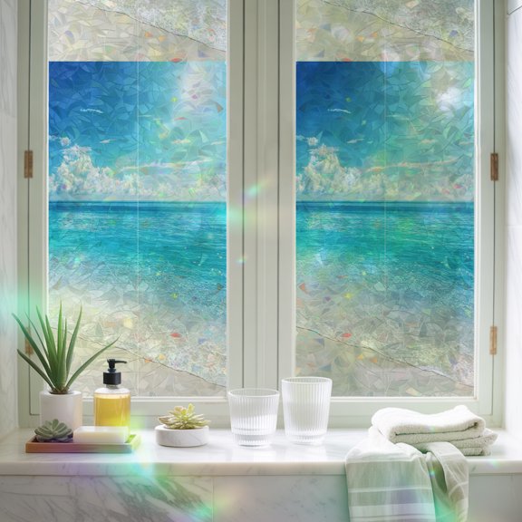 Window Privacy Film,Summer Sea View Sandy Beach Static Clings Decorative Rainbow Window Films Stickers Ocean Sun Blocking Glass Cover for Home Bathroom Office,17.7"x39.3"