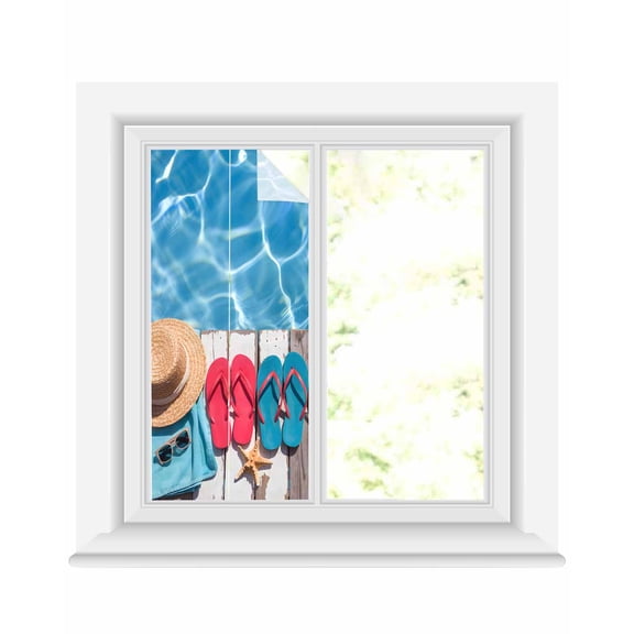 Window Privacy Film Summer Slippers Stained Glass Window Film Decorative Sun Block Window Cover Tropical Straw Hat Pool Wood Grain Window Clings Static Adhesive Sticker for Bathroom 17.7"x39.3"