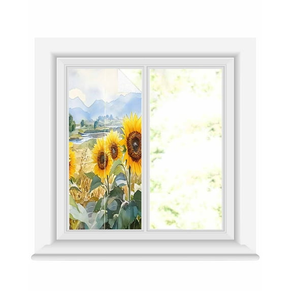 Window Privacy Film Summer Sunflower Stained Glass Window Film Decorative Sun Block Window Cover Spring Pastoral Retro Mountain Floral Window Clings Static Adhesive Sticker for Bathroom 19.6"x39.3"