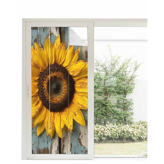 Window Privacy Film Summer Sunflower Stained Glass Window Film Decorative Sun Block Window Cover Vintage Wooden Botanical Floral Window Clings Static Adhesive Sticker for Bathroom 35.4"x78.7"