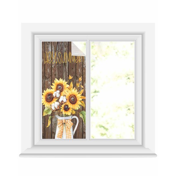 Window Privacy Film Summer Sunflowers Stained Glass Window Film Decorative Sun Block Window Cover Blossoming Botanical Florals Wooden Window Clings Static Adhesive Sticker for Bathroom 19.6"x39.3"
