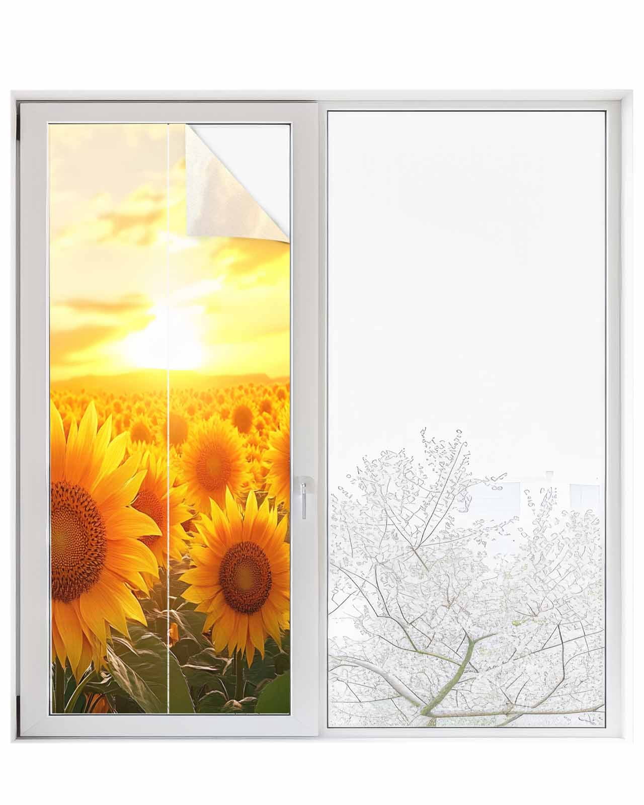 Window Privacy Film Summer Sunflowers Stained Glass Window Film Decorative Sun Block Window Cover Farmhouse Botanical Floral Sunset Window Clings Static Adhesive Sticker for Bathroom 23.6"x59"