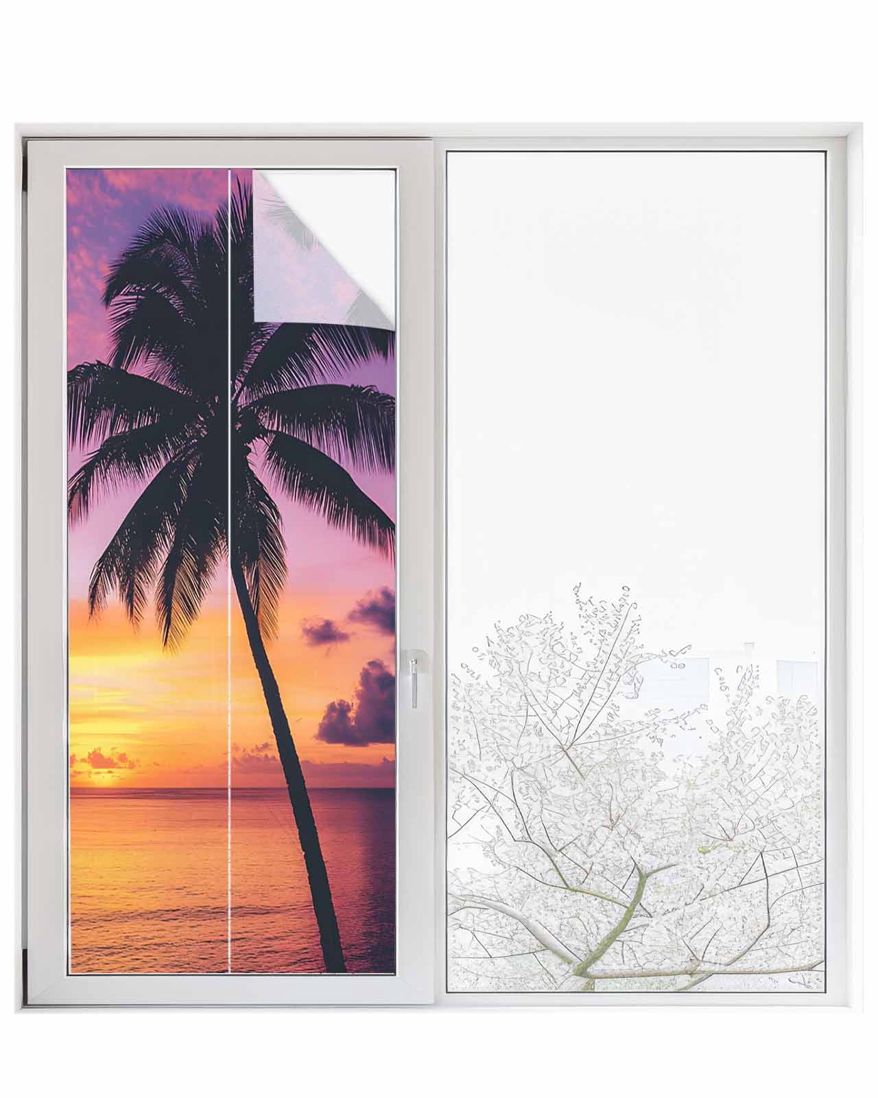 Window Privacy Film Summer Sunset Stained Glass Window Film Decorative Sun Block Window Cover Ocean Seaside Sky Cloud Scenery Palm Tree Window Clings Static Adhesive Sticker for Bathroom 23.6"x59"