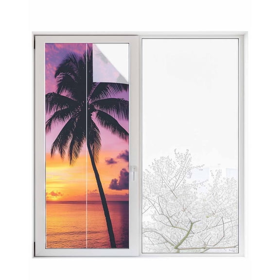 Window Privacy Film Summer Sunset Stained Glass Window Film Decorative Sun Block Window Cover Ocean Seaside Sky Cloud Scenery Palm Tree Window Clings Static Adhesive Sticker for Bathroom 23.6"x59"