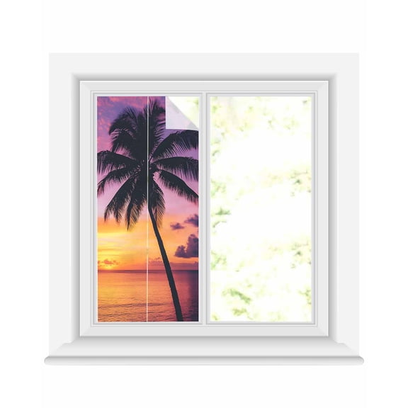 Window Privacy Film Summer Sunset Stained Glass Window Film Decorative Sun Block Window Cover Ocean Seaside Sky Cloud Scenery Palm Tree Window Clings Static Adhesive Sticker for Bathroom 19.6"x39.3"