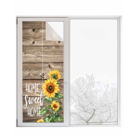 Window Privacy Film Sunflower Brown Stained Glass Window Film Decorative Sun Block Window Cover Farmhouse Bee Country Wooden Grain Window Clings Static Adhesive Sticker for Bathroom 23.6"x59"