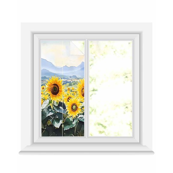 Window Privacy Film Sunflower Filed Stained Glass Window Film Decorative Sun Block Window Cover Summer Mountain Botanical Blossom Window Clings Static Adhesive Sticker for Bathroom 19.6"x39.3"