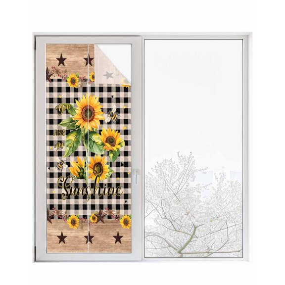 Window Privacy Film Sunflower Plaid Stained Glass Window Film Decorative Sun Block Window Cover Country Sunshine Star Vintage Bee Black Window Clings Static Adhesive Sticker for Bathroom 23.6"x59"