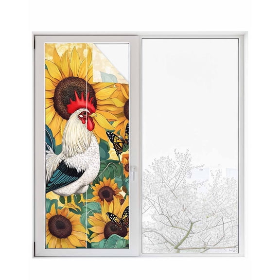 Window Privacy Film Sunflower Rooster Stained Glass Window Film Decorative Sun Block Window Cover Vintage Watercolor Summer Flower Window Clings Static Adhesive Sticker for Bathroom 23.6"x59"