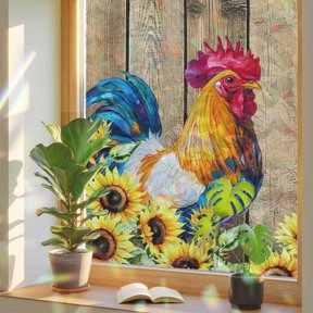 Window Privacy Film Sunflower Rooster Stained Glass Window Film Farm Animal Wood Grain Rainbow Static Window Clings for Glass Windows Home Bathroom Living Room Office Glass Door Sticker 17.7"39.3"