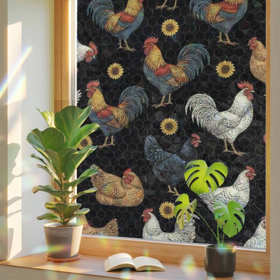 Window Privacy Film Sunflower Rooster Stained Glass Window Film Farmhouse Animal Chicken Rainbow Static Window Clings for Glass Windows Home Bathroom Living Room Office Glass Door Sticker 17.7"39.3"