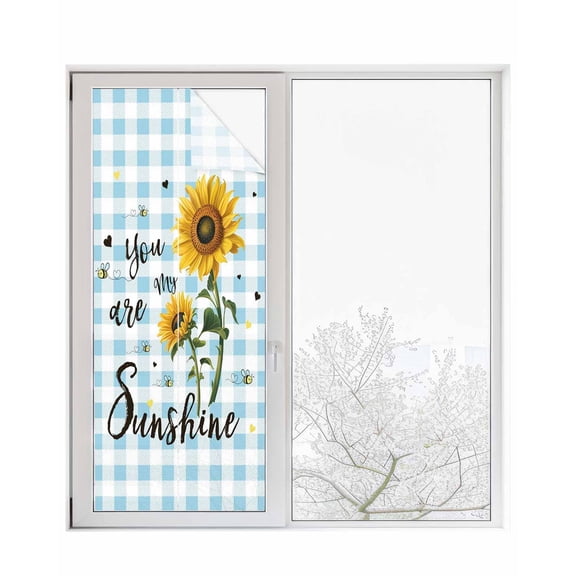Window Privacy Film Sunflower Stained Glass Window Film Decorative Sun Block Window Cover Blue Plaid Farmhouse You Are My Sunshine Window Clings Static Adhesive Sticker for Bathroom 23.6"x59"