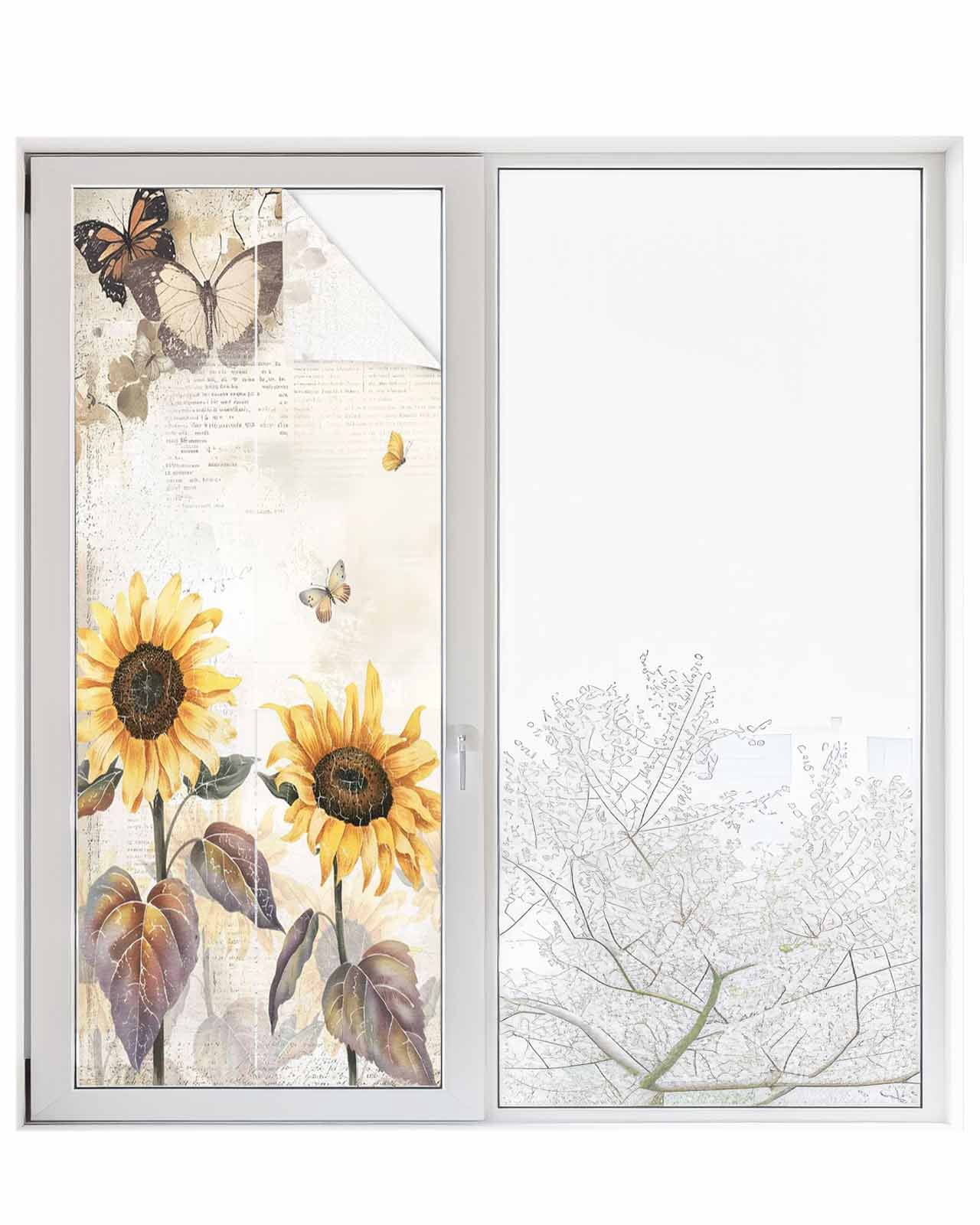 Window Privacy Film Sunflower Stained Glass Window Film Decorative Sun Block Window Cover Farmhouse Plant Retro Butterfly Yellow Floral Window Clings Static Adhesive Sticker for Bathroom 29.5"x78.7"