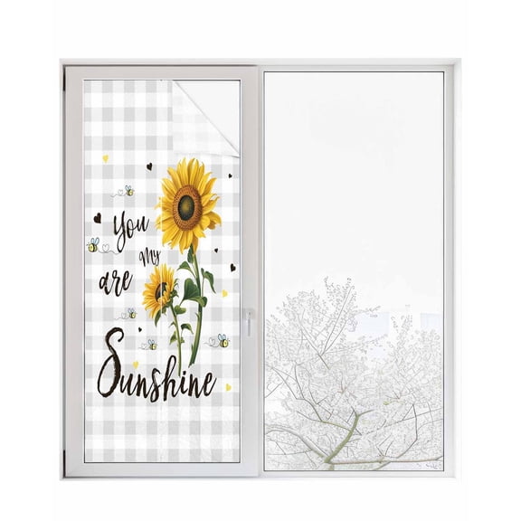 Window Privacy Film Sunflower Stained Glass Window Film Decorative Sun Block Window Cover Grey Plaid You Are My Sunshine Farmhouse Window Clings Static Adhesive Sticker for Bathroom 23.6"x59"