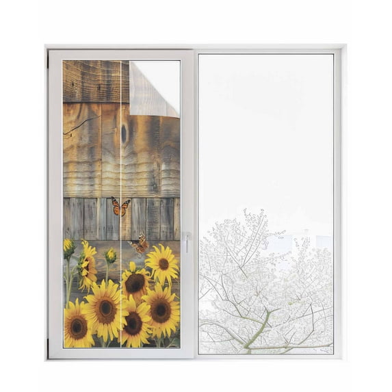 Window Privacy Film Sunflower Stained Glass Window Film Decorative Sun Block Window Cover Spring Yellow Floral Rustic Butterfly Wood Grain Window Clings Static Adhesive Sticker for Bathroom 23.6"x59"