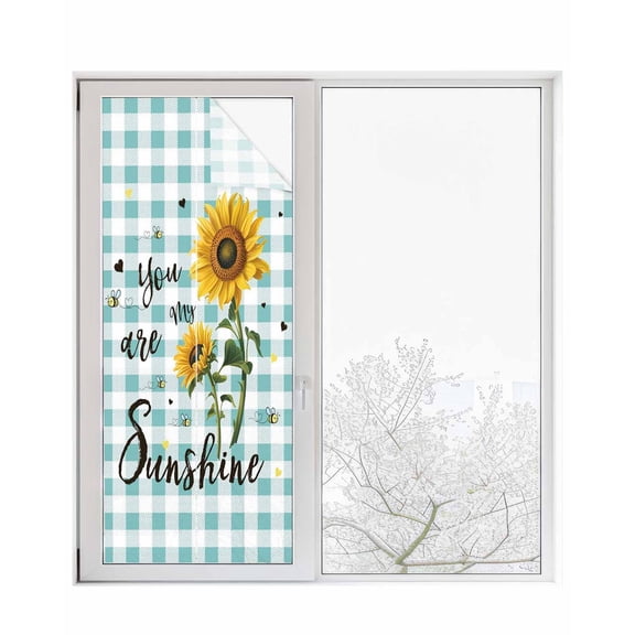 Window Privacy Film Sunflower Stained Glass Window Film Decorative Sun Block Window Cover Teal Green Check You Are My Sunshine Bee Window Clings Static Adhesive Sticker for Bathroom 23.6"x59"