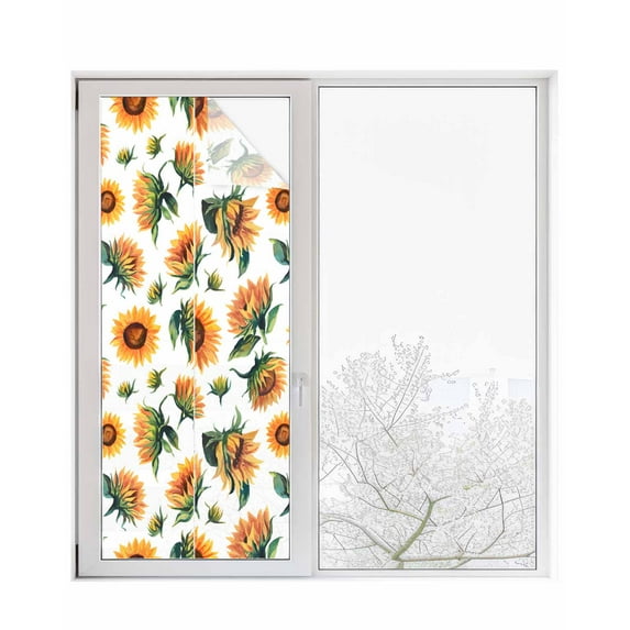 Window Privacy Film Sunflower Stained Glass Window Film Decorative Sun Block Window Cover Vintage Summer Botanical Floral Watercolor Window Clings Static Adhesive Sticker for Bathroom 23.6"x59"