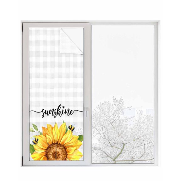 Window Privacy Film Sunflowers Bees Stained Glass Window Film Decorative Sun Block Window Cover Grey Check Sunshine Watercolor Floral Window Clings Static Adhesive Sticker for Bathroom 23.6"x59"