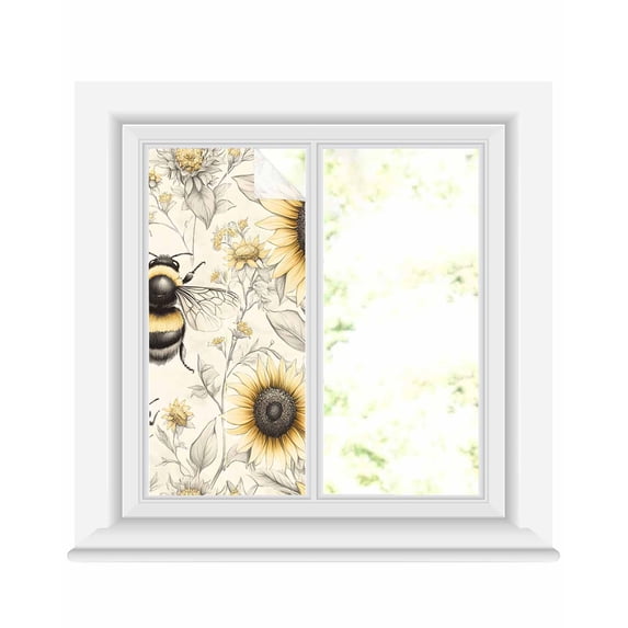 Window Privacy Film Sunflowers Bees Stained Glass Window Film Decorative Sun Block Window Cover Summer Vintage Flowers Leaf Plant Window Clings Static Adhesive Sticker for Bathroom 17.7"x39.3"