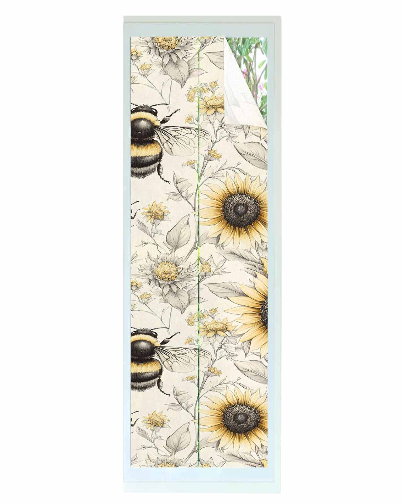 Window Privacy Film Sunflowers Bees Stained Glass Window Film Decorative Sun Block Window Cover Summer Vintage Flowers Leaf Plant Window Clings Static Adhesive Sticker for Bathroom 17.7"x78.7"
