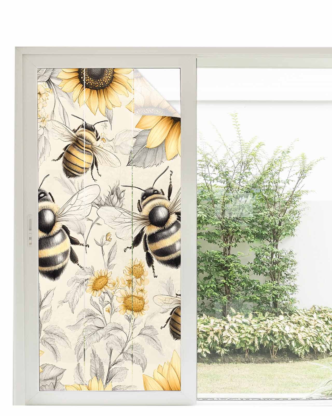 Window Privacy Film Sunflowers Stained Glass Window Film Decorative Sun Block Window Cover Spring Farm Bees Garden Vintage Window Clings Static Adhesive Sticker for Bathroom 35.4"x78.7"