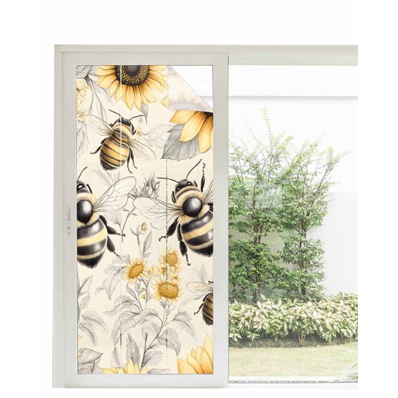 Window Privacy Film Sunflowers Stained Glass Window Film Decorative Sun Block Window Cover Spring Farm Bees Garden Vintage Window Clings Static Adhesive Sticker for Bathroom 35.4"x78.7"