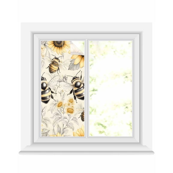 Window Privacy Film Sunflowers Stained Glass Window Film Decorative Sun Block Window Cover Spring Farm Bees Garden Vintage Window Clings Static Adhesive Sticker for Bathroom 19.6"x39.3"