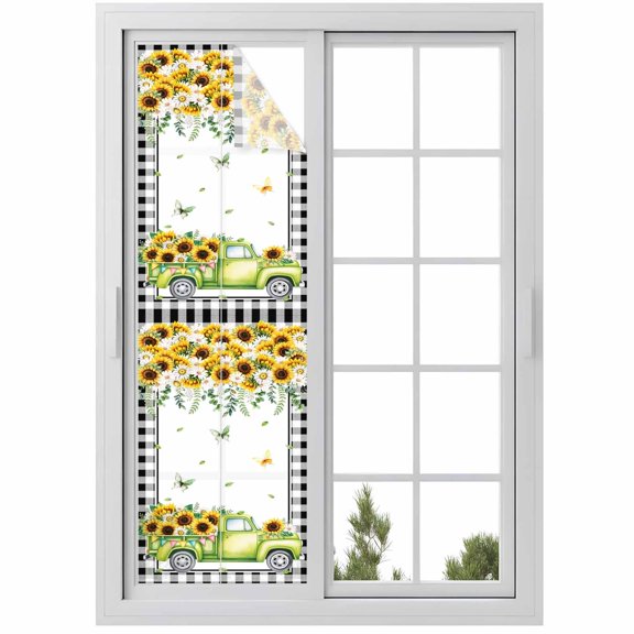 Window Privacy Film Sunflowers Stained Glass Window Film Decorative Sun Block Window Cover Spring Farmhouse Country Truck Floral Black Plaid Window Clings Static Sticker for Bathroom 29.5"x118"