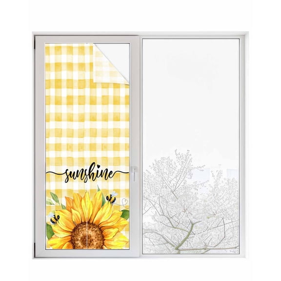 Window Privacy Film Sunflowers Stained Glass Window Film Decorative Sun Block Window Cover Yellow Plaid Sunshine Vintage Country Bee Window Clings Static Adhesive Sticker for Bathroom 23.6"x59"