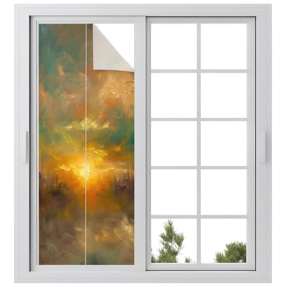 Window Privacy Film Sunset Sky Stained Glass Window Film Decorative Sun Block Window Cover Golden Clouds Distant Hills Abstract Window Clings Static Adhesive Sticker for Bathroom 23.6"x59"