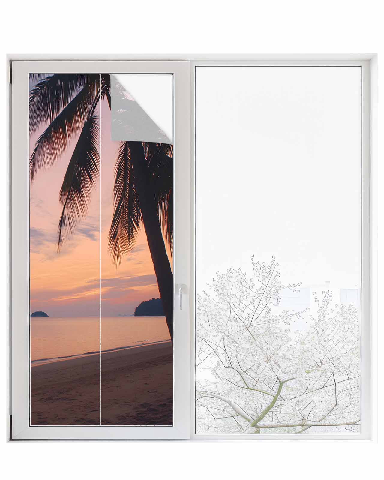 Window Privacy Film Sunset Summer Stained Glass Window Film Decorative Sun Block Window Cover Seasides Palm Tree Leaves Scene Window Clings Static Adhesive Sticker for Bathroom 23.6"x59"