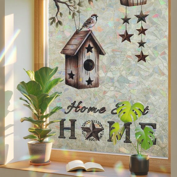 Window Privacy Film Sweet Home Sparrows Stained Glass Static Cling 18x39inch, Bird Houses Country Stars Rainbow Window Film Glass Sticker for Bathroom Bedroom Home