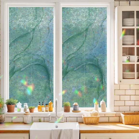 Window Privacy Film,Teal Abstract Marble Texture Static Clings Decorative Rainbow Window Films Stickers Nature Stone Agate Sun Blocking Glass Cover for Home Bathroom Office,17.7"x39.3"