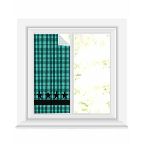 Window Privacy Film Teal Black Plaid Stained Glass Window Film Decorative Sun Block Window Cover Farmhouse Retro Star Abstract Checked Window Clings Static Adhesive Sticker for Bathroom 17.7"x39.3"