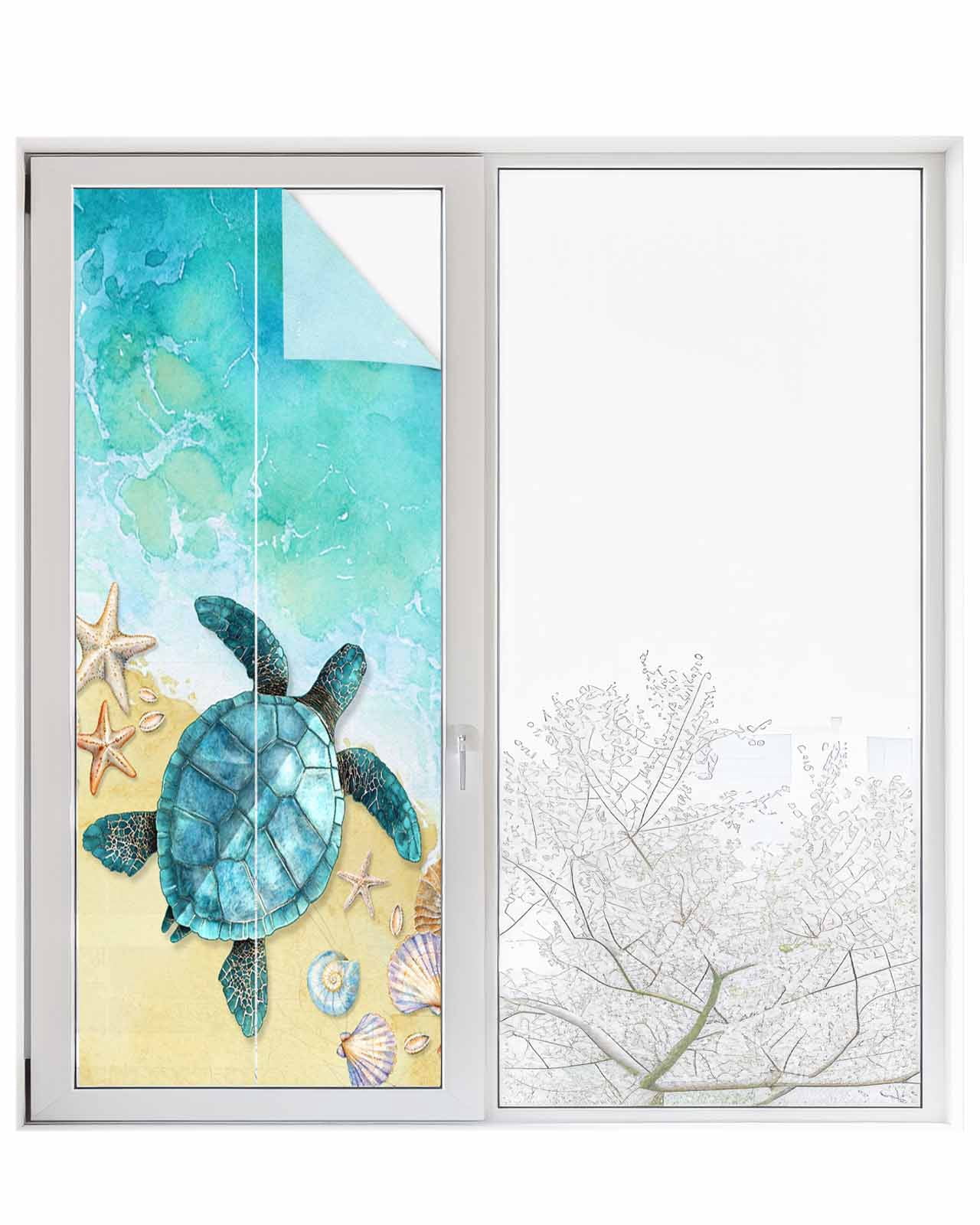 Window Privacy Film Teal Blue Coastal Stained Glass Window Film Decorative Sun Block Window Cover Summer Beach Turtle Nautical Window Clings Static Adhesive Sticker for Bathroom 23.6"x59"