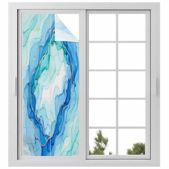 Window Privacy Film Teal Blue Ombre Marble Stained Glass Window Film Decorative Sun Block Window Cover Abstract Art Marble Fluid Window Clings Static Adhesive Sticker for Bathroom 23.6"x59"