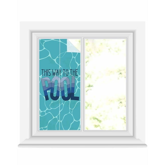 Window Privacy Film Teal Blue Words Stained Glass Window Film Decorative Sun Block Window Cover This Way to The Pool Window Clings Static Adhesive Sticker for Bathroom 17.7"x39.3"
