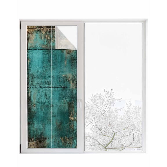 Window Privacy Film Teal Brown Board Stained Glass Window Film Decorative Sun Block Window Cover Farmhouse Vintage Wooden Grain Window Clings Static Adhesive Sticker for Bathroom 23.6"x59"