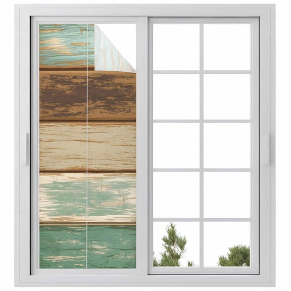 Window Privacy Film Teal Brown Stained Glass Window Film Decorative Sun Block Window Cover Farmhouse Rustic Wooden Plank Board Window Clings Static Adhesive Sticker for Bathroom 23.6"x59"