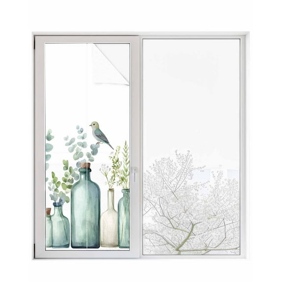 Window Privacy Film Teal Eucalyptus Leaves Stained Glass Window Film Decorative Sun Block Window Cover Watercolor Vase Birds Window Clings Static Adhesive Sticker for Bathroom 23.6"x59"