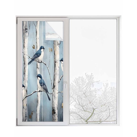 Window Privacy Film Teal Forest Birds Stained Glass Window Film Decorative Sun Block Window Cover Modern Oil Painting Art Window Clings Static Adhesive Sticker for Bathroom 23.6"x59"