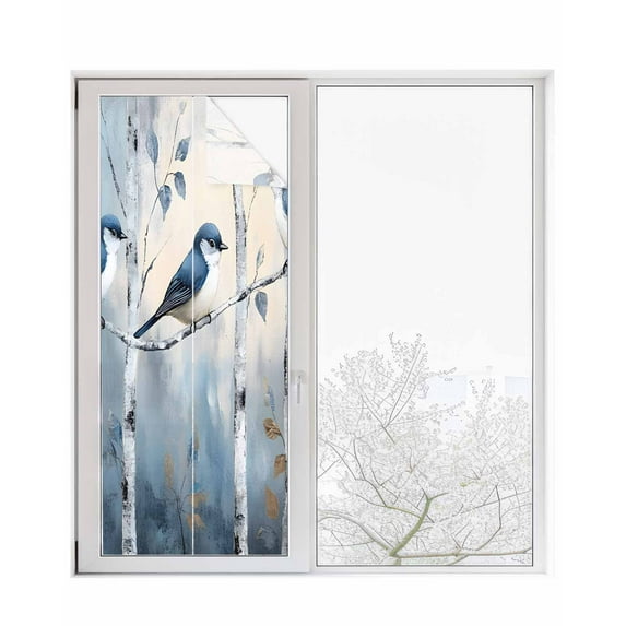 Window Privacy Film Teal Forest Birds Stained Glass Window Film Decorative Sun Block Window Cover Modern Oil Painting Farmhouse Window Clings Static Adhesive Sticker for Bathroom 23.6"x59"
