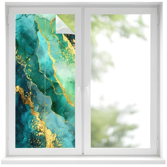 Window Privacy Film Teal Golden Ombre Marble Stained Glass Window Film Decorative Sun Block Window Cover Modern Art Luxury Marble Crack Window Clings Static Adhesive Sticker for Bathroom 17.7"x39.3"